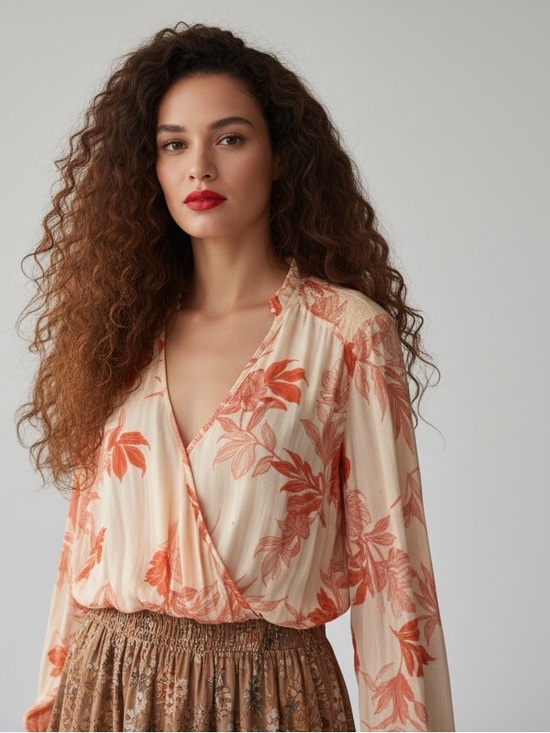 EAC Tops - EAC Melon Orange Floral Criss Cross Front Long Sleeve Blouse - Size S
